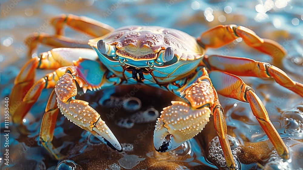 A big crab, a lot of colors, water and sand as underground and background. A big crab, a lot of colors, water and sand as underground and background.