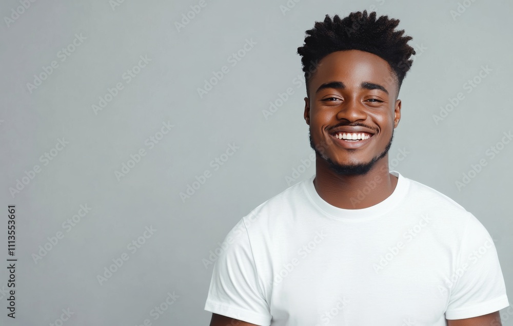 Smiling man in white t shirt poses against gray background showcasing confidence and joy Smiling man in white t shirt poses against gray background showcasing confidence and joy