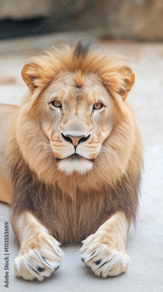 Fototapeta premium Majestic lion with a thick mane gazing directly at the camera in a lush green environment