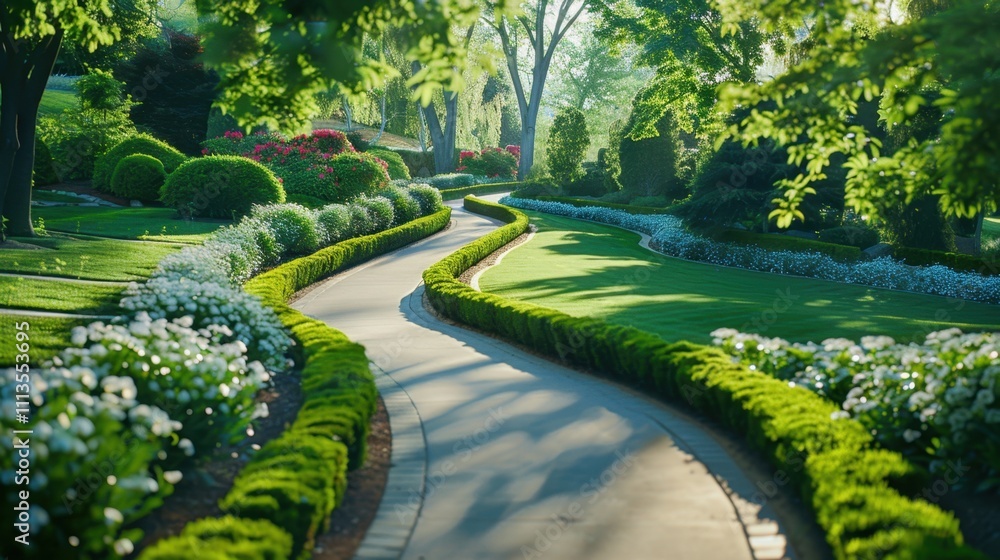 Obraz premium Landscaping Maintenance: Regular mowing, trimming, and fertilizing to preserve the beauty of lawns and plants, promoting healthy growth and maintaining outdoor aesthetics. 