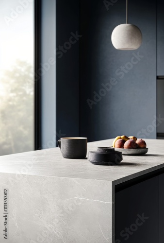 Elegant kitchen countertop featuring fresh green apples and a black cup in a ...