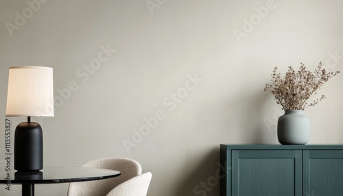 Modern indoor setting featuring a round table with decor and a vintage cabine...