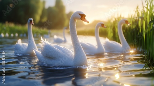 Elegant swans gliding on calm water in a serene natural setting at dawn