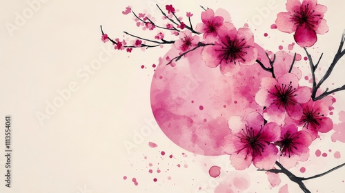 Cherry blossom design with watercolor elements and empty circular frame for t...