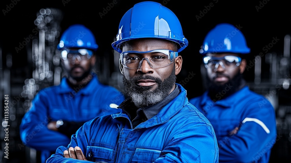 Fototapeta premium Confident Industrial Team: Three skilled industrial workers, wearing blue safety helmets and uniforms, stand confidently in a factory setting. Their serious expressions convey expertise and teamwork.
