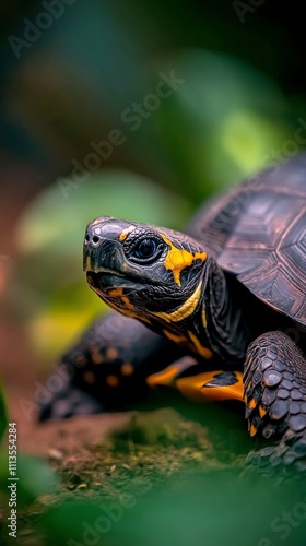 Close up of a colorful turtle resting on greenery in a lush habitat