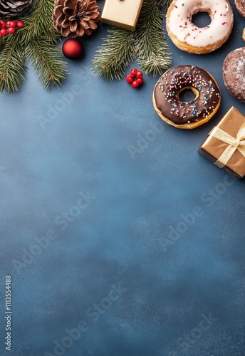 Delicious donuts and festive decorations on blue background for holiday celeb...