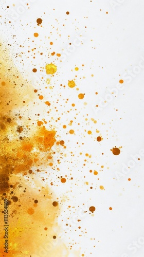 Gold paint splatter on white canvas creating an artistic expression of modern...