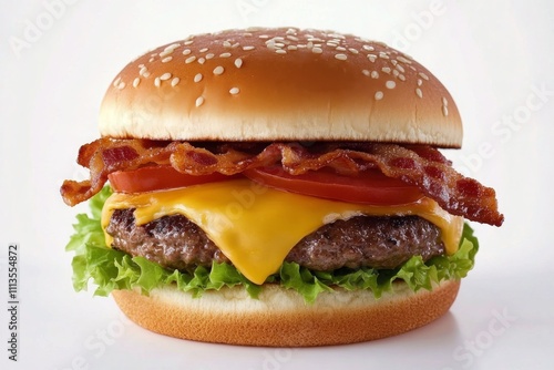 Delicious cheeseburger with crispy bacon and fresh lettuce served on a sesame...