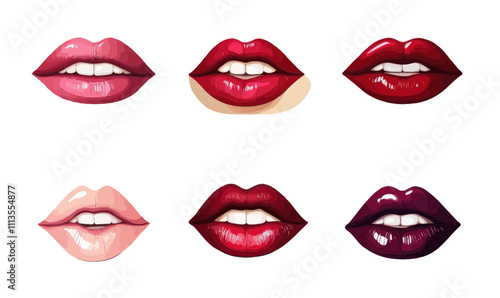 Vector Collection of 3D Sexy Woman's Lips Expressing Emotions, Icon Set for Graphic Design