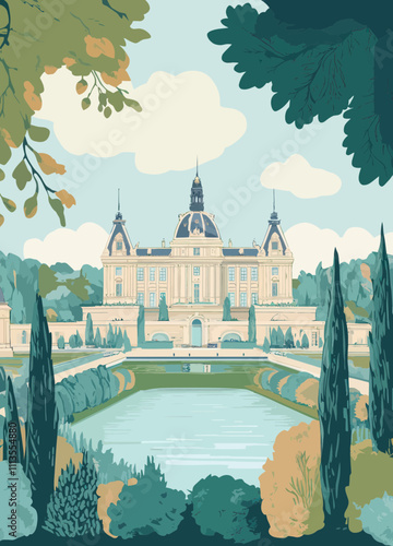 Vintage French Chateau Poster with Scenic Landscape and Retro Design Elements