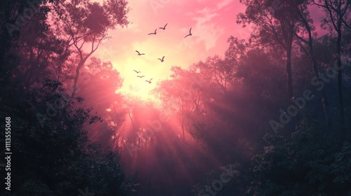 Enchanted Sunrise: Birds in a Misty Forest