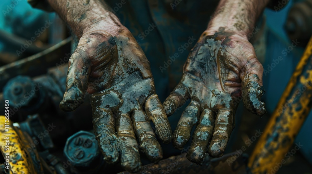 Grimy Hands: Coated in oil and grease, the hands leave oily smudges and fingerprints wherever they touch, evidence of the day's work with greasy machinery.
Grimy Hands: Coated in oil and grease, the hands leave oily smudges and fingerprints wherever they touch, evidence of the day's work with greasy machinery.