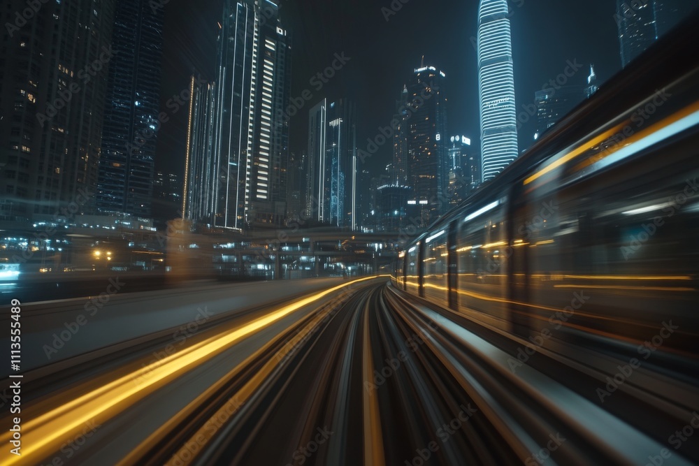 High-speed motion blur photo of the outside view from electric train in city at night High-speed motion blur photo of the outside view from electric train in city at night