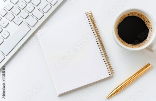 Workspace setup featuring a notepad, coffee cup, and keyboard for creative tasks