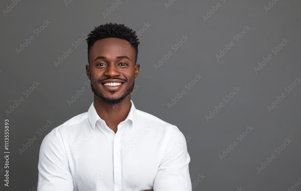 Smiling man dressed in white shirt with relaxed pose against gray background Smiling man dressed in white shirt with relaxed pose against gray background