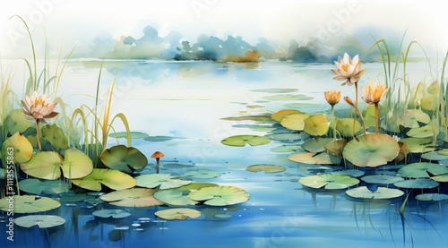 Tranquil water lilies float on a serene lake surrounded by lush greenery and ...