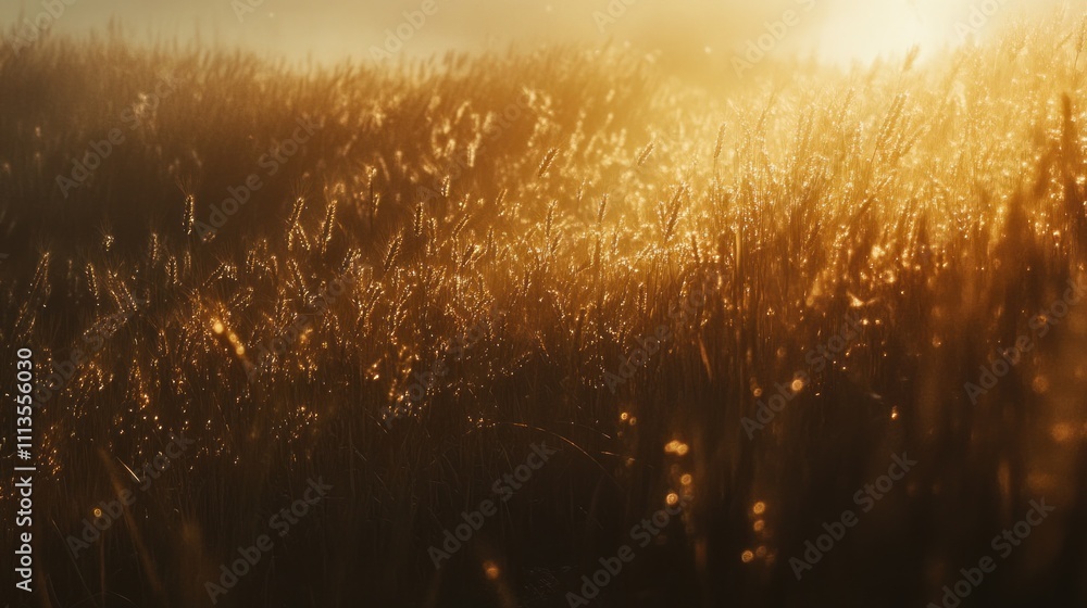 Obraz premium Golden hour sunlight illuminating tall grass in a field.