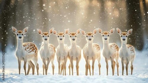 Winter gathering of white deer in a snowy forest landscape