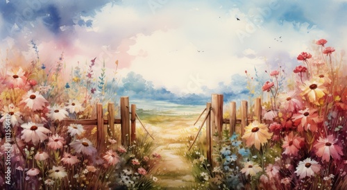 Vibrant garden with colorful flowers and a wooden fence in a serene setting