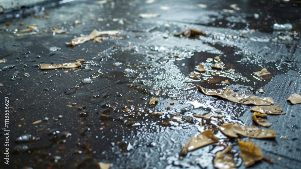 Sticky Floor: A floor covered with spilled soda and crumbs, leaving a sticky residue that makes the surface tacky and unpleasant to touch.
Sticky Floor: A floor covered with spilled soda and crumbs, leaving a sticky residue that makes the surface tacky and unpleasant to touch.