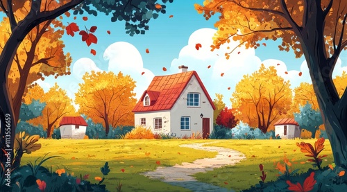 Cozy house surrounded by colorful autumn trees in a serene countryside setting