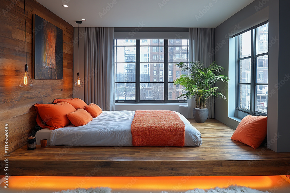 Modern Bedroom With Orange Accents And City Views Modern Bedroom With Orange Accents And City Views