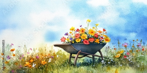 Colorful flower filled wheelbarrow in a vibrant garden under a clear blue sky