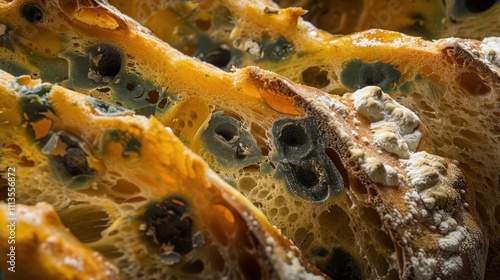 Moldy Bread: Bread with green, black, and white moldy spots, giving off a sour, musty odor that makes it unappetizing and unpleasant to the senses.
