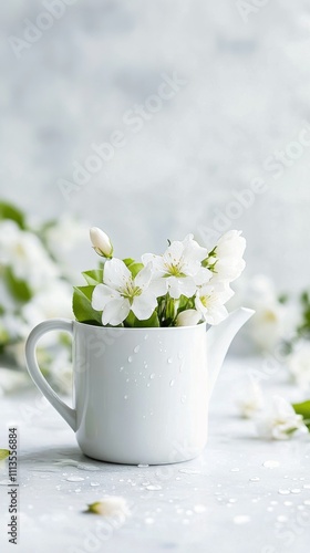 Fresh white flowers in a watering can against a blurred background of soft light