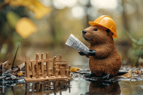 A whimsical beaver wearing a hard hat holds a blueprint while inspecting a wooden construction site by the water. Perfect for creative storytelling, engineering, or environmental concepts. photo