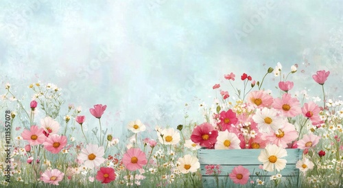 Beautiful pot of flowers with delicate blooms in a serene garden setting on a...