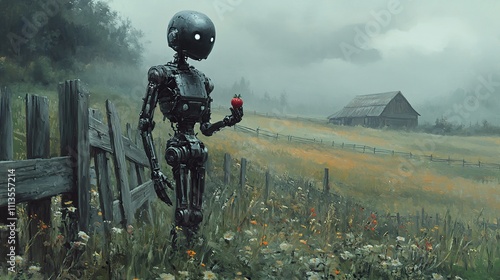 Robot holding strawberry in foggy field.