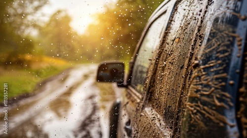 Dirt-Covered Windshield: The windshield is coated in mud, with bug splatters and rain streaks, obstructing the view and making it harder to drive safely.
 photo