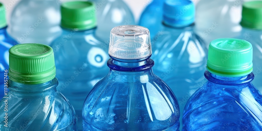 Close-up of blue and green plastic water bottles arranged together showcasing modern design and vibrant colors, perfect for various uses in media and advertising. Close-up of blue and green plastic water bottles arranged together showcasing modern design and vibrant colors, perfect for various uses in media and advertising.