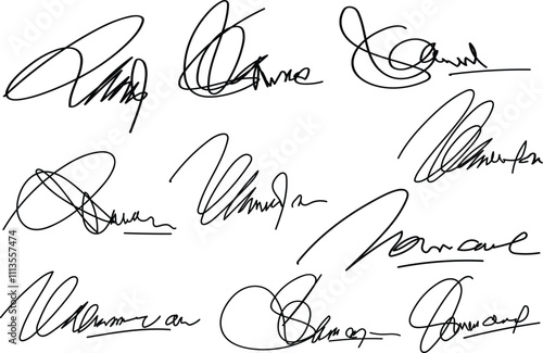 Set vector handwritten signature. Set of autograph fictitious, handwritten fake signature. Isolated doodle on white background, vector illustration.eps