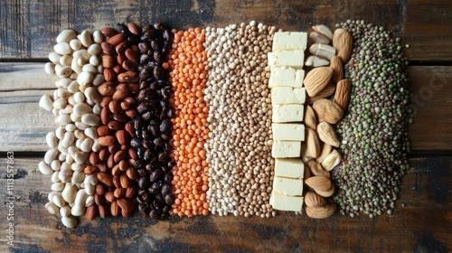 Plant-based proteins visualized with legumes, nuts, tofu, and other nutritious ingredients photo