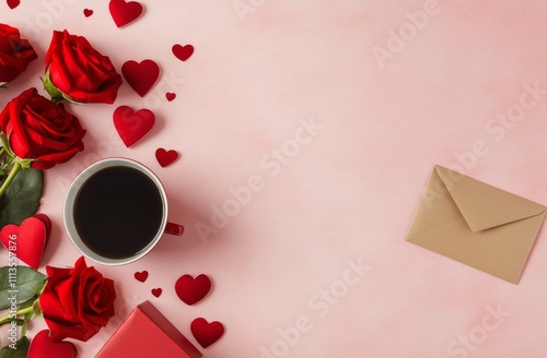 Romantic setup with red roses, hearts, and coffee for a special occasion