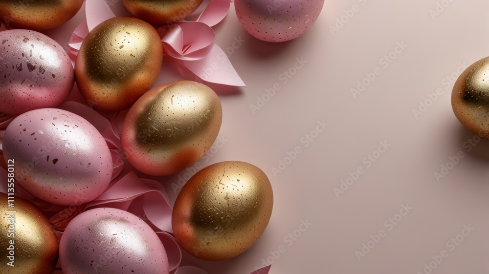 A collection of beautifully painted Easter eggs in pink and gold rests on soft pink ribbons, creating a festive and cheerful atmosphere perfect for spring celebrations. A collection of beautifully painted Easter eggs in pink and gold rests on soft pink ribbons, creating a festive and cheerful atmosphere perfect for spring celebrations.