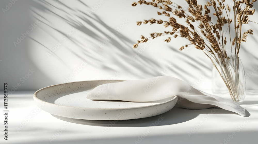 A minimalist display featuring a plate, fabric, and dried flowers, emphasizing simplicity. A minimalist display featuring a plate, fabric, and dried flowers, emphasizing simplicity.