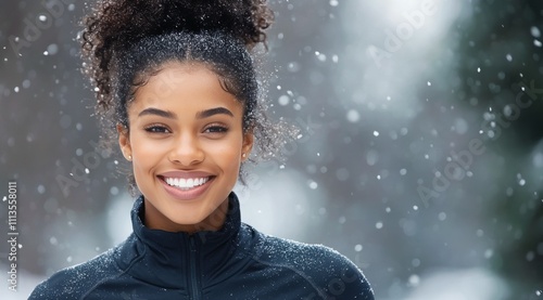 Smiling woman enjoying winter snowfall in a forest setting with blurred backg...