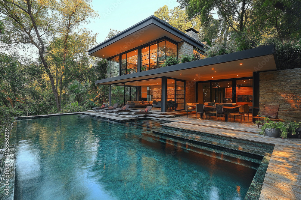 Modern Luxury Home with Infinity Pool and Lush Greenery Modern Luxury Home with Infinity Pool and Lush Greenery