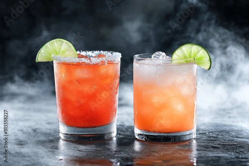 Colorful cocktails with lime garnish surrounded by misty atmosphere