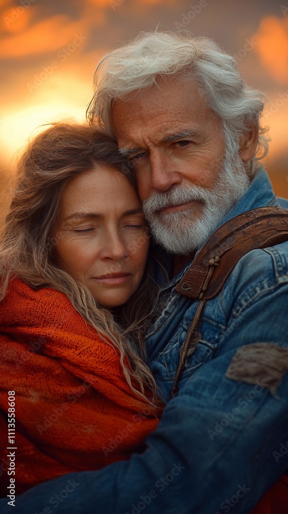 A happy elderly couple embrace each other warmly as the sun sets. The golden glow of the sunset creates a romantic and peaceful atmosphere, emphasizing their love and affection. A happy elderly couple embrace each other warmly as the sun sets. The golden glow of the sunset creates a romantic and peaceful atmosphere, emphasizing their love and affection.