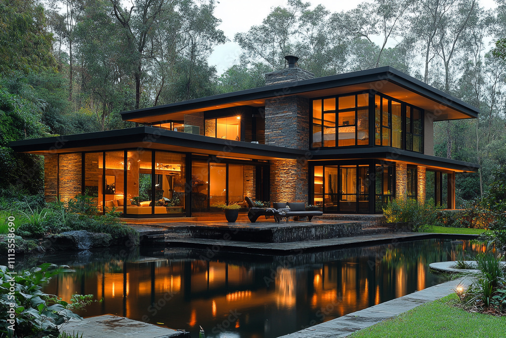 Modern Luxurious Home Illuminated At Night By Forest Modern Luxurious Home Illuminated At Night By Forest