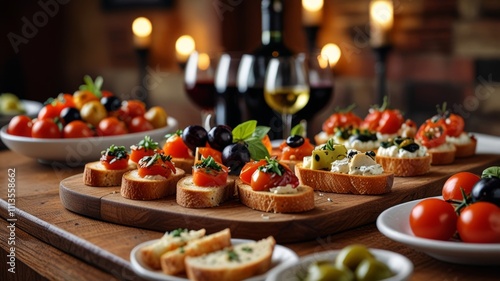 An inviting spread of gourmet bruschetta featuring fresh tomatoes, olives, and herbs, paired with wine and candles, sets a warm, festive ambiance perfect for entertaining guests