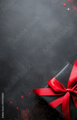 Gift wrapped in black paper with red ribbon and stars on dark background