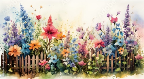 Vibrant garden with colorful flowers and a wooden fence in a serene setting