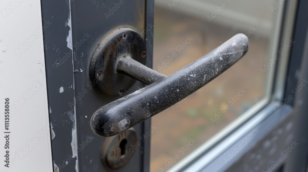 Filthy Door Handle: The door handle is caked with grime and smudged with oily fingerprints, worn down from countless touches over time.
Filthy Door Handle: The door handle is caked with grime and smudged with oily fingerprints, worn down from countless touches over time.