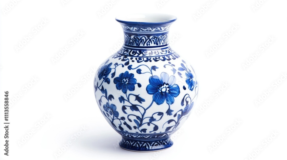A decorative blue and white porcelain vase with floral patterns, used for display or arrangement. A decorative blue and white porcelain vase with floral patterns, used for display or arrangement.